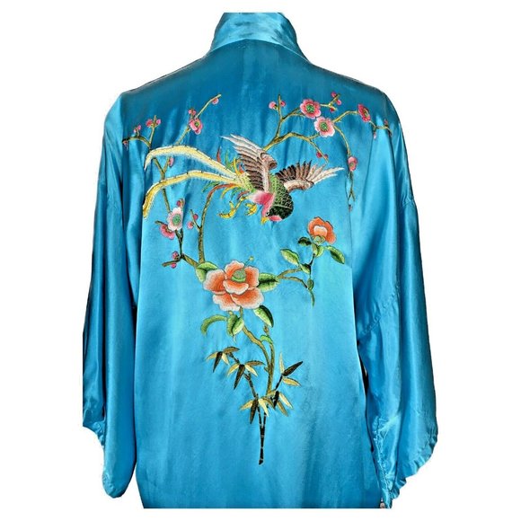 Vintage Golden Bee Turquoise Blue Embroidered Robe Kimono - Picture 5 of 11